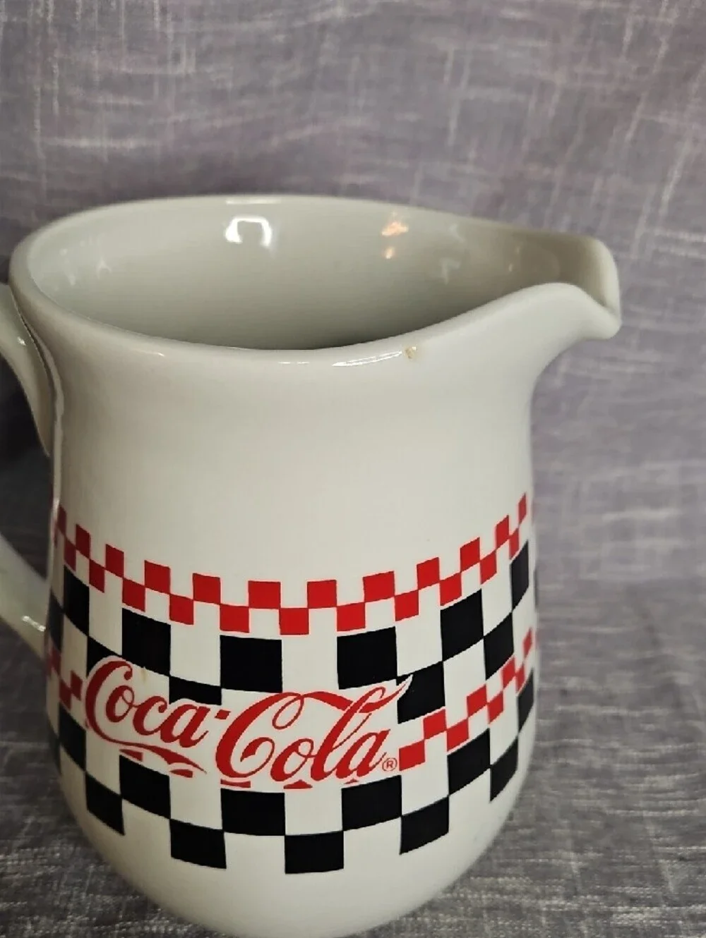 Coca-Cola White Ceramic Pitcher with Red Logo and Black Checkerboard